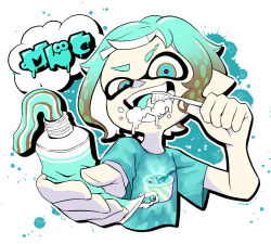 Rule 34 | 1girl, :d, aqua hair, aqua tongue, blue eyes, blue shirt, brown hair, colored tongue, eyebrow cut, gradient hair, holding, holding toothbrush, inkling, inkling girl, inkling player character, mint chocolate, mint chocolate (razschi), multicolored eyes, multicolored hair, nintendo, open mouth, orange eyes, paint splatter, pink pupils, shirt, short hair, short sleeves, smile, solo, splatoon (series), splatoon 3, t-shirt, teeth, tentacle hair, teo (teorekka), toothbrush, toothbrush in mouth, toothpaste, two-tone hair, uneven eyes