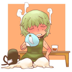 1girl black_hat chibi chibi_only closed_eyes commentary_request cup daikon_print dress fanning_self full_body ghost_tail green_hair hat hot onikobe_rin open_mouth orange_background short_hair sitting sleeveless sleeveless_dress soga_no_tojiko solo steam table tate_eboshi touhou two-tone_background unworn_hat unworn_headwear