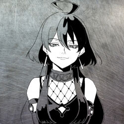 Rule 34 | 1boy, black eyes, black hair, choker, cowlick, detached sleeves, earrings, fishnet top, fishnets, jewelry, long hair, looking at viewer, mairimashita! iruma-kun, monochrome, neu (5smey06), solo, solo focus, suzuki iruma, trap
