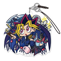Rule 34 | 1girl, 2boys, black gloves, blonde hair, blue hair, card, chibi, claws, colored skin, dragon, duel disk, duel monster, fake horns, fangs, gandora the dragon of destruction, gloves, hair over one eye, hat, helmet, holding, holding card, holding staff, holding sword, holding weapon, horned helmet, horns, lowres, marshmallon, multicolored hair, multiple boys, muto yugi, official art, open mouth, pink skin, purple eyes, silent magician, silent swordsman, smile, staff, stronghold the moving fortress, sword, third-party source, weapon, white gloves, wizard hat, yellow eyes, yu-gi-oh!, yu-gi-oh! duel monsters