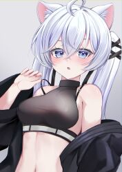 1girl :o ahoge animal_ear_fluff animal_ears armpit_crease bare_shoulders black_jacket black_ribbon black_shirt blue_eyes blush breasts cat_ears cat_girl crop_top crossed_bangs grey_background hair_between_eyes hair_ribbon halterneck hand_up highres jacket long_hair long_sleeves looking_at_viewer medium_breasts midriff navel off_shoulder open_clothes open_jacket open_mouth parted_lips ribbon shirt sidelocks simple_background sio_(vrchat) sleeveless sleeveless_shirt solo stomach strap_pull taut_clothes taut_shirt twintails upper_body vrchat vryawako white_hair wide_sleeves