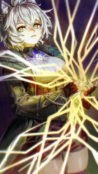 1girl absurdres animal_ears black_coat black_gloves breasts cat_ears cat_girl closed_mouth coat commentary electricity eyelashes fingerless_gloves gloves highres large_breasts madou_zakura na&#039;el_(xenoblade) open_clothes open_coat short_hair shorts solo standing white_hair xenoblade_chronicles_(series) xenoblade_chronicles_3 xenoblade_chronicles_3:_future_redeemed yellow_eyes