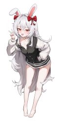 1girl absurdres animal_ears bare_legs barefoot black_jacket bow choker commission full_body hair_bow hand_in_pocket hand_up highres jacket leaning_forward long_hair long_sleeves looking_at_viewer muhae_(dcnh8882) off_shoulder open_mouth original pointy_ears rabbit_ears red_eyes ribbon_choker simple_background smile solo standing thighs v very_long_hair white_background white_choker white_hair white_sleeves