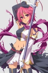 Rule 34 | 1girl, antenna hair, arm up, bandages, belt, blush, breasts, female focus, koihime musou, navel, pink hair, polearm, purple eyes, ryofu (koihime musou), scarf, skirt, solo, tattoo, thighhighs, weapon, yachiwo