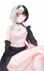 1girl absurdres black_choker black_hair black_jacket black_skirt breasts camisole choker cleavage closed_mouth crossed_legs grey_hair highres hololive hololive_english jacket kurochanai large_breasts long_hair looking_at_viewer multicolored_hair shiori_novella simple_background sitting skirt smile solo split-color_hair two-tone_hair virtual_youtuber white_background white_camisole yellow_eyes