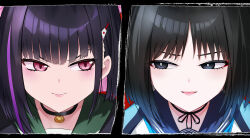 2girls black_hair blue_archive dtcy kazusa_(blue_archive) kikyou_(blue_archive) looking_at_another multiple_girls portrait sailor_collar short_hair smile spiked_hair