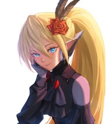 1girl absurdres alternate_costume blonde_hair blue_eyes bodystocking breasts chest_jewel ciel_(mega_man) commission commissioner_upload detached_sleeves dress eyelashes fingerless_gloves flower frilled_dress frilled_sleeves frills gloves gothic_lolita hair_flower hair_ornament highres lace lace_gloves light_smile lolita_fashion long_bangs long_hair looking_at_viewer mechanical_ears mega_man_(series) mega_man_zero_(series) non-web_source phi-md ponytail small_breasts transparent_background upper_body