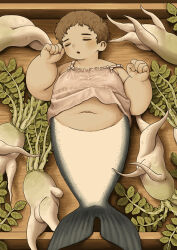 1boy a3dyqtlpqjcuqvs absurdres brown_hair camisole closed_eyes commentary_request daikon fat fat_man full_body highres lying male_focus merman monster_boy on_back original pink_camisole radish short_hair shota solo