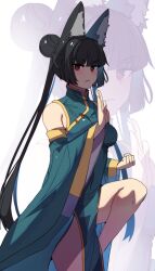 1girl absurdres alternate_costume animal_ears bare_shoulders black_hair blunt_bangs clenched_hand commentary detached_sleeves dress english_commentary fighting_stance fox_ears green_dress hair_bun highres hinghoi hoshimi_miyabi long_hair long_sleeves looking_at_viewer ponytail red_eyes sleeveless sleeveless_dress standing standing_on_one_leg very_long_hair wide_sleeves zenless_zone_zero zoom_layer