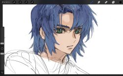 Rule 34 | 1boy, art program in frame, athrun zala, blue hair, green eyes, gundam, gundam seed, highres, male focus, portrait, she (morianosu), short hair, simple background, solo, white background