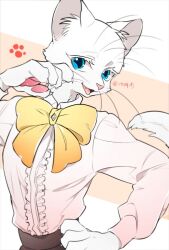 1boy animal_hands babeldj blue_eyes body_fur bow bowtie cat_boy claws colored_eyelashes commentary_request furry furry_male hand_on_own_hip hand_up long_sleeves looking_at_viewer male_focus orange_background original pink_shirt puffy_long_sleeves puffy_sleeves shirt solo tail upper_body whiskers white_fur yellow_bow yellow_bowtie