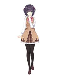 1girl black_pantyhose bow bowtie brown_hair brown_shoes brown_skirt brown_vest closed_mouth frilled_skirt frills full_body green_eyes kobuichi limelight_lemonade_jam loafers long_sleeves looking_at_viewer medium_hair nabari_anju official_art pantyhose pink_bow pink_bowtie plaid_clothes plaid_skirt shirt shoes skirt smile solo tachi-e transparent_background vest white_shirt yuzu-soft