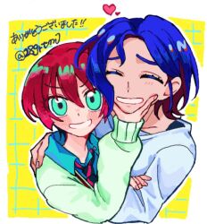 1boy 1girl amate_yuzuriha aqua_eyes blue_hair blush closed_eyes collared_shirt colored_inner_hair cropped_torso grid_background gundam gundam_gquuuuuux hand_on_another&#039;s_chin heart hug karaage_bentou_(28grtm) long_sleeves looking_at_viewer multicolored_hair necktie red_hair school_uniform shirt short_hair shuji_ito smile sweater two-tone_hair white_shirt yellow_background