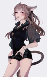 Rule 34 | 1girl, animal ears, black nails, black shorts, black vest, bracelet, breasts, brown hair, cat ears, cat girl, cat tail, commission, cross-shaped pupils, facial mark, final fantasy, final fantasy xiv, fingerless gloves, gloves, grey shirt, highres, jewelry, long hair, looking at viewer, miqo&#039;te, moth ram, red eyes, ring, shirt, shorts, simple background, single fingerless glove, skeb commission, solo, symbol-shaped pupils, tail, vest, waistcoat, warrior of light (ff14), whisker markings, white background