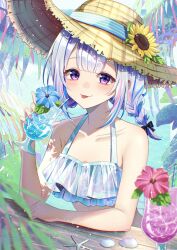Rule 34 | 1girl, :p, alternate costume, alternate hairstyle, amane kanata, bare shoulders, bikini, blue hair, blurry, blurry foreground, blush, braid, collarbone, colored inner hair, cup, drinking glass, drinking straw, flower, frilled bikini, frills, hat, hat flower, highres, holding, holding cup, hololive, jpeg artifacts on purpose, looking at viewer, multicolored hair, nametakeko, outdoors, purple eyes, seashell, shell, smile, solo, starfish, straw hat, streaked hair, sun hat, swimsuit, tongue, tongue out, twin braids, upper body, virtual youtuber
