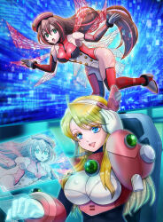 2girls absurdres alia_(mega_man) bare_shoulders blonde_hair blue_eyes breasts brown_hair commission energy_wings green_eyes hat highres holographic_interface iris_(mega_man) kiwakiwa large_breasts leotard long_hair mega_man_(series) mega_man_x_(series) multicolored_leotard multiple_girls pixiv_commission red_hat red_leotard two-tone_leotard white_leotard