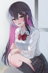 1girl :d absurdres alternate_costume azki_(hololive) black_hair black_skirt black_socks blurry blurry_background bow bowtie braid bus_stop collared_shirt colored_inner_hair commentary_request double-parted_bangs dress_shirt hair_bun hair_ornament hairclip half_up_braid hands_on_own_knees highres hololive kneehighs looking_at_viewer loose_bowtie miniskirt multicolored_hair nanase_nayumu open_mouth outdoors pink_hair plaid_bow plaid_bowtie plaid_clothes plaid_skirt pleated_skirt purple_eyes rain red_bow red_bowtie school_uniform shirt shirt_tucked_in single_side_bun skirt smile socks solo squatting streaked_hair teeth upper_teeth_only virtual_youtuber wet wet_clothes wet_shirt white_hair white_shirt