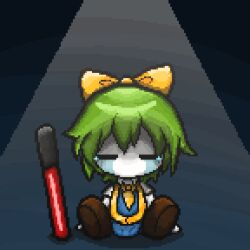 1girl ascot blue_dress bow brown_shoes chibi chibi_only chinese_commentary closed_eyes colored_skin commentary_request cookie_(touhou) crying daiyousei diyusi_(cookie) dress full_body green_hair hair_bow high-visibility_clothing high-visibility_vest highres miao_miao_mao_miao_miao_fr no_mouth pixel_art shoes short_hair sitting solo spotlight streaming_tears tears touhou traffic_baton white_skin yellow_ascot yellow_bow