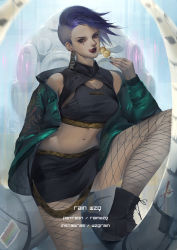 1girl artist_name blue_hair breasts brown_eyes candy cleavage disney earrings facial_tattoo fangs female_focus food highres hyena jewelry lion midriff navel necklace pantyhose personification piercing rain_wzq shenzi short_hair solo tattoo thighhighs tongue tongue_out weapon