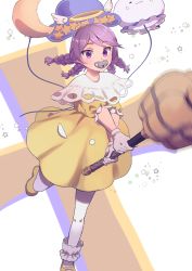 1girl blush commentary_request crescent_moon dress full_body gloves halo highres hohohoi holding holding_weapon looking_at_viewer mace mary_janes medium_hair moon pacifier pantyhose purple_eyes purple_hair quad_braids ragnarok_online ragnarok_origin shoes solo star_(symbol) weapon white_gloves white_pantyhose yellow_dress yellow_shoes