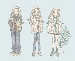 1girl =_hair_ornament ankle_socks black_shirt black_shorts black_socks blonde_hair blue_background blue_pants book bouryoku_hantai colored_eyelashes colored_tips covering_own_mouth flipped_hair full_body gakuen_idolmaster glasses hair_ornament hairclip highres holding holding_book hood hooded_jacket idolmaster jacket letterman_jacket long_hair looking_at_viewer loose_socks multicolored_hair multiple_views pants parted_bangs plant potted_plant shinosawa_hiro shirt shoes short_shorts shorts simple_background sneakers socks standing white_jacket white_shirt yellow_eyes