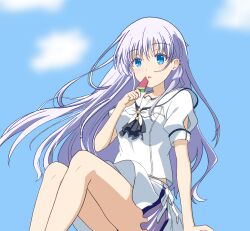1girl arm_at_side blue_eyes blue_sky colored_eyelashes commentary d: day feet_out_of_frame floating_hair food hair_behind_ear hair_between_eyes hair_ornament hairclip hand_up highres holding holding_food holding_popsicle knees_up long_hair looking_at_viewer mikazuki_record miniskirt naruse_shiroha open_mouth outdoors parallel_hairclips popsicle puffy_short_sleeves puffy_sleeves sailor_collar school_uniform serafuku shirt short_sleeves sidelocks sitting skirt sky solo summer_pockets summer_pockets_school_uniform very_long_hair watermelon_bar white_hair white_sailor_collar white_serafuku white_shirt white_skirt wind