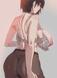 1girl ass back black_hair black_pantyhose bow_(bhp) bra breasts chinese_commentary closed_eyes dimples_of_venus from_behind highres huge_breasts median_furrow medium_hair nipples open_bra original panties panties_under_pantyhose pantyhose shoulder_blades solo thighs underwear white_background white_bra white_panties