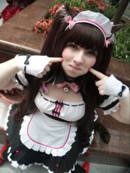 Rule 34 | 10s, 1girl, animal ears, apron, bell, black bow, black bowtie, black legwear, bow, bowtie, breasts, brown hair, buttons, cat ears, cat tail, character name, cheek poking, chocola (nekopara), chocola (nekopara) (cosplay), chocola (sayori) (cosplay), choker, cleavage, commentary, cosplay, cosplay photo, eyelashes, fake animal ears, female focus, fingernails, heart, heart button, highres, hime cut, jewelry, jingle bell, littlekittymiau, long hair, looking at viewer, maid, maid apron, maid headdress, nail polish, name tag, neck bell, nekopara, photo (medium), pink bow, pink bowtie, poking, pout, ring, sitting, solo, tail, twintails, very long hair, wrist cuffs