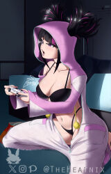 1girl bikini black_bikini black_hair black_nails breasts cleavage collarbone controller game_controller hair_through_hood han_juri highres holding holding_controller holding_game_controller hood hood_up indoors kneeling medium_breasts multicolored_hair navel onesie open_mouth playing_games purple_eyes purple_hair purple_lips solo stomach streaked_hair street_fighter street_fighter_6 swimsuit theheatnix twintails v-shaped_eyebrows