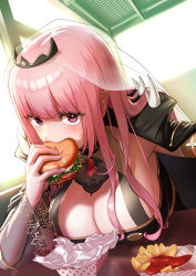 1girl absurdres arimoto_wataru blush breast_rest breasts breasts_on_table brooch burger cleavage eating food highres holding holding_food hololive hololive_english jewelry ketchup large_breasts long_hair long_sleeves looking_at_viewer mori_calliope pink_eyes pink_hair potato_wedges see-through_clothes solo spikes tiara veil virtual_youtuber