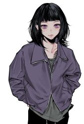 1girl absurdres black_hair collarbone collared_jacket expressionless grey_shirt hair_behind_ear hands_in_pockets highres jacket jitome lips long_hair looking_at_viewer mole mole_on_cheek mole_on_collarbone mouth_hold muryo original purple_eyes purple_jacket shirt short_bangs solo tattoo