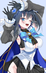1girl ;d black_gloves black_shirt black_skirt black_thighhighs blue_bow blue_bowtie blue_cape blue_eyes blue_hair bow bowtie breasts brooch cape chain chain_headband cleavage_cutout clothing_cutout cowboy_shot cropped_shirt detached_sleeves fanged_bangs fangs four-finger_heart_hands frilled_skirt frilled_sleeves frills gloves grey_background hair_intakes half-skirt heart heart_brooch heart_hands highres hololive hololive_english jewelry juliet_sleeves large_breasts long_sleeves looking_at_viewer miniskirt mogu_(au1127) one_eye_closed open_mouth ouro_kronii ouro_kronii_(1st_costume) pinstripe_pattern pinstripe_shirt pinstripe_skirt puffy_sleeves sailor_collar shirt short_hair simple_background skirt smile solo teeth thighhighs underboob upper_teeth_only veil virtual_youtuber white_sailor_collar white_veil
