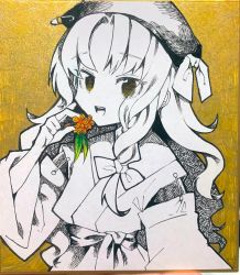 1girl beret bow braid commentary_request detached_sleeves flower grey_background hair_bow hakama hakama_skirt happy hat hat_ribbon highres holding holding_flower hourai_girl_(touhou) japanese_clothes kimono limited_palette long_hair long_sleeves looking_at_viewer miko open_mouth parted_bangs photo_(medium) portrait_of_exotic_girls ribbon sash side_braid single_braid skirt touhou traditional_media upper_body wadante wide_sleeves yellow_background yellow_eyes