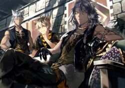 Rule 34 | 3boys, animal ears, arm tattoo, black gloves, black vest, brown hair, brown shirt, closed mouth, crossed legs, gloves, green eyes, grey hair, hair between eyes, hyena boy, hyena ears, jack howl, jewelry, leona kingscholar, lion boy, lion ears, multiple boys, necklace, orange eyes, pectoral cleavage, pectorals, ruggie bucchi, sakura hitsuji, scar, scar across eye, scar on face, shirt, sitting, tattoo, twisted wonderland, vest