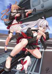 2girls absurdres aiming aircraft battle_rifle black_panties blue_eyes brown_eyes brown_hair commentary fal_(girls&#039;_frontline) five-seven_(girls&#039;_frontline) fn_fal fn_five-seven girls&#039;_frontline gun hair_ornament hairclip handgun helicopter highres holding holding_gun holding_weapon jacket jpc kneeling long_hair magazine_(weapon) multiple_girls on_one_knee panties pantyshot pdw-caliber_pistol pistol ponytail rifle scope silver_hair single_thighhigh skirt standing thighhighs uh-60_blackhawk underwear weapon
