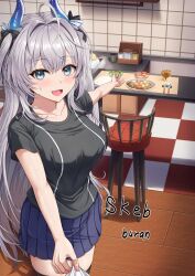 Rule 34 | :d, aqua eyes, artist name, azur lane, bandaid, bandaid on finger, black shirt, blue eyes, blue horns, blue skirt, blush, buran (22x), commission, food, grey hair, hair ribbon, highres, horns, looking at viewer, manjuu (azur lane), open mouth, pleated skirt, pov, ribbon, rice, salad, shirt, short sleeves, skeb commission, skirt, smile, suffren (azur lane), sweatdrop, white ribbon