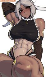 1girl :/ abs alternate_hair_length alternate_hairstyle animal_ears armpits bare_shoulders black_panties black_shirt blush boku_no_hero_academia breasts commentary crescent_print cropped_torso dark-skinned_female dark_skin elbow_gloves female_focus fishnet_gloves fishnets frilled_panties frilled_shirt frills fur_collar gloves highleg highleg_panties highres large_breasts long_eyelashes looking_to_the_side maid maid_headdress mirko muscular muscular_female navel panties parted_bangs patreon_username rabbit_ears rabbit_girl raised_eyebrow red_eyes shirt short_hair sideboob simple_background sitting sleeveless sleeveless_shirt solo stomach stopu symbol-only_commentary thick_thighs thighs toned toned_female unconventional_maid underwear white_background white_hair