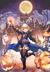 1girl 1other animal_ears black_gloves black_hair blue_mage_(final_fantasy) building extra_ears fake_animal_ears final_fantasy final_fantasy_xiv fox_ears full_moon garter_straps ghost_costume gloves gradient_hair hat highres holding holding_staff lalafell long_hair moon multicolored_hair night one_eye_closed pointy_ears red_eyes shorts shukei smile staff thighhighs warrior_of_light_(ff14) white_hair witch_hat