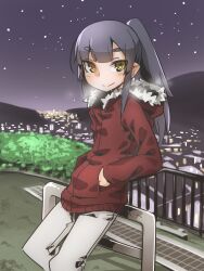 1girl akari_(raigou) black_hair city_lights elf fur_trim grass grey_pants highres hood hooded_jacket jacket night night_sky original pants pointy_ears ponytail raigou red_jacket sidelocks sky smile storm_drain thick_eyebrows yellow_eyes