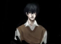 1boy bags_under_eyes black_hair blue_eyes brown_vest collared_shirt double-parted_bangs exhausted hair_between_eyes looking_at_viewer macaronijail male_focus oldest_dream omniscient_reader&#039;s_viewpoint shirt short_hair solo upper_body vest white_shirt