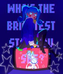 Rule 34 | 1girl, aqua eyes, aqua hair, black skirt, blue background, blue jacket, bow, bowtie, grin, hatsune miku, highres, jacket, looking at viewer, lyrics, multiple views, pleated skirt, skirt, smile, ssilentwillow, static (vocaloid), tearing up, twintails, vocaloid, wide-eyed, world is mine (vocaloid), yellow bow, yellow bowtie