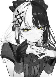 1girl arufrrst closed_mouth coat dress earrings greyscale hair_ribbon hashtag-only_commentary hololive hololive_english interlocked_fingers jewelry long_hair monochrome official_alternate_costume official_alternate_hairstyle purple_coat ribbon shiori_novella shiori_novella_(casual) solo spot_color virtual_youtuber yellow_eyes