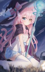 1girl absurdres animal_ears between_legs black_cape blue_eyes blue_skirt blush breasts cape cat_ears cat_girl cat_tail exusiai_dust gloves hand_between_legs hat hat_ribbon heterochromia highres holding holding_staff lantern long_hair looking_at_viewer night night_sky original pink_hair ribbon shirt sitting skirt sky small_breasts solo staff tail thighhighs two-tone_cape wariza white_gloves white_shirt white_thighhighs witch witch_hat yellow_eyes