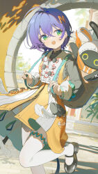 1girl :o absurdres bangboo_(zenless_zone_zero) belle_(delicate_daylight)_(zenless_zone_zero) belle_(zenless_zone_zero) black_shoes chinese_clothes coria green_eyes hair_between_eyes hair_ornament highres letter_hair_ornament official_alternate_costume open_mouth outdoors pantyhose shadow shoes short_hair standing standing_on_one_leg teeth upper_teeth_only white_pantyhose zenless_zone_zero