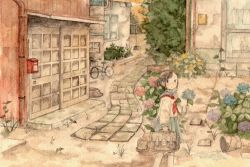 1girl backpack bag bicycle brown_hair chyoma female_focus highres mailbox original school_uniform solo standing tagme