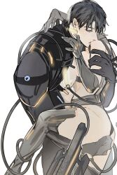 1boy 1girl ass black_hair breast_press breasts caleb_(love_and_deepspace) couple cyborg grey_eyes hand_on_another&#039;s_back height_difference hetero highres large_breasts leg_up lifting_person loneroad_unreturned_caleb love_and_deepspace lrrcakie mechanical_spine nude official_alternate_costume open_mouth parted_lips pectorals protagonist_(love_and_deepspace) short_hair sideways_glance simple_background white_background