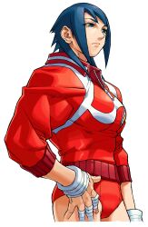 Rule 34 | 1girl, absurdres, ayuhara natsu, bandaged fingers, bandages, blue eyes, blue hair, buruma, cropped legs, edaki shin&#039;ya, expressionless, from below, from side, game cg, highres, jacket, justice gakuen, moero! justice gakuen, non-web source, official art, red buruma, red jacket, red shorts, short hair, shorts, simple background, smile, solo, thighs, track jacket, white background