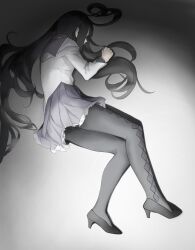 1girl akemi_homura akemi_homura_(magical_girl) argyle_clothes argyle_pantyhose black_hair black_pantyhose high_heels highres long_hair long_sleeves lying mahou_shoujo_madoka_magica mahou_shoujo_madoka_magica_(anime) on_floor on_side pantyhose pleated_skirt purple_skirt sailor_collar shirt skirt solo thanatos1990 very_long_hair white_shirt