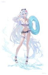 Rule 34 | 1girl, absurdres, ahoge, alternate costume, artist name, bare legs, bikini, blue eyes, breasts, flower, frilled thigh strap, full body, hair flower, hair ornament, highres, holding, holding swim ring, honkai (series), honkai impact 3rd, innertube, jacket, jewelry, kiana kaslana, large breasts, legs, long hair, missing commentary, navel, necklace, pmg, sandals, simple background, smile, solo, stomach, swim ring, swimsuit, thigh strap, toes, very long hair, white background, white bikini, white hair, white jacket