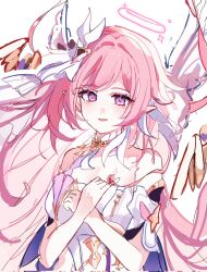 1girl breasts corrupted_twitter_file corset elf elysia_(herrscher_of_human:_ego)_(honkai_impact) elysia_(honkai_impact) halo highres honkai_(series) honkai_impact_3rd ko_(assd_009) large_breasts long_hair looking_at_viewer parted_lips pink_hair pointy_ears purple_eyes simple_background solo upper_body veil very_long_hair white_background white_corset white_veil